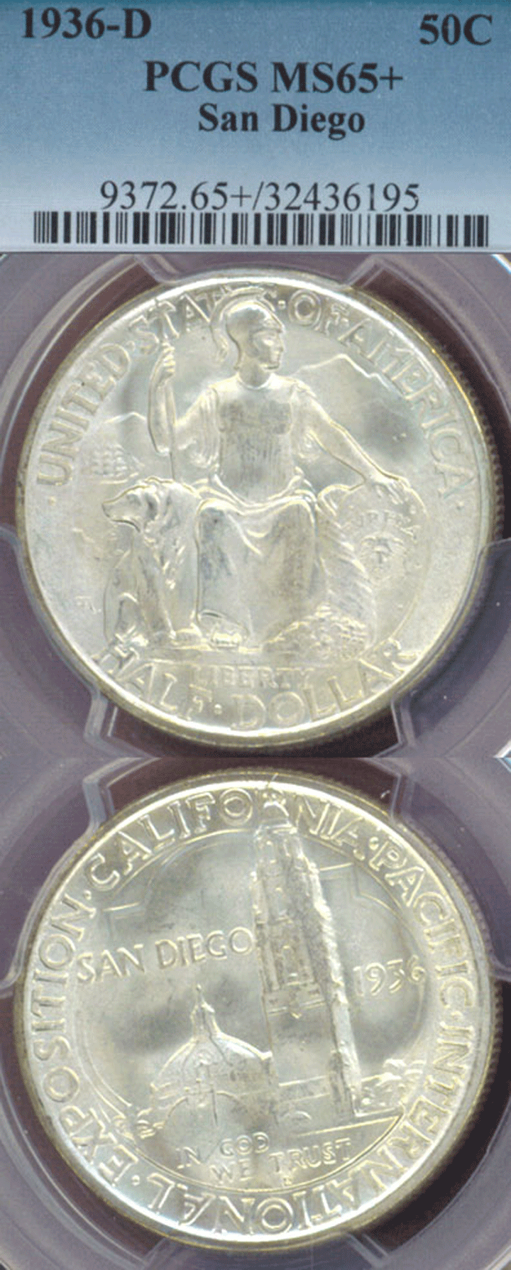 San Diego half dollar 1936-D San Diego US silver commemorative half dollar PCGS MS 65+