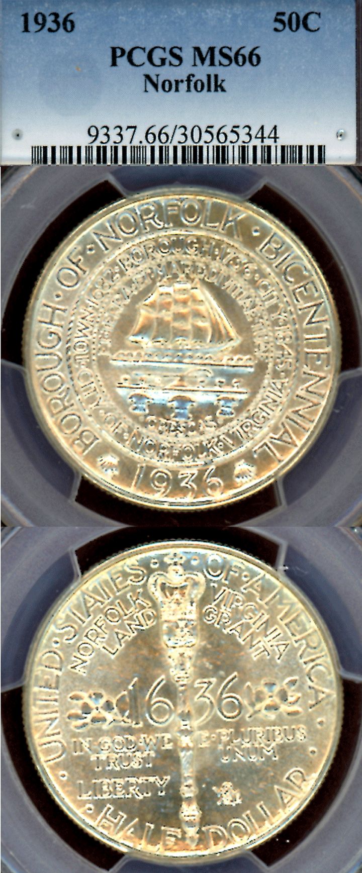 Norfolk Bicentennial 50c Commemorative 1936 Norfolk, Virginia Bicentennial PCGS MS 66