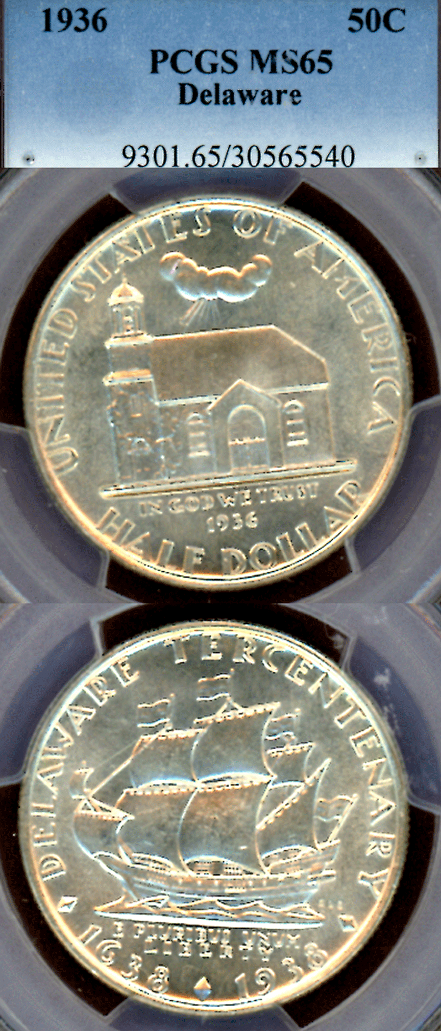 Classic Commemoratve Siver Half Dollar 1936 Delaware PCGS MS 65