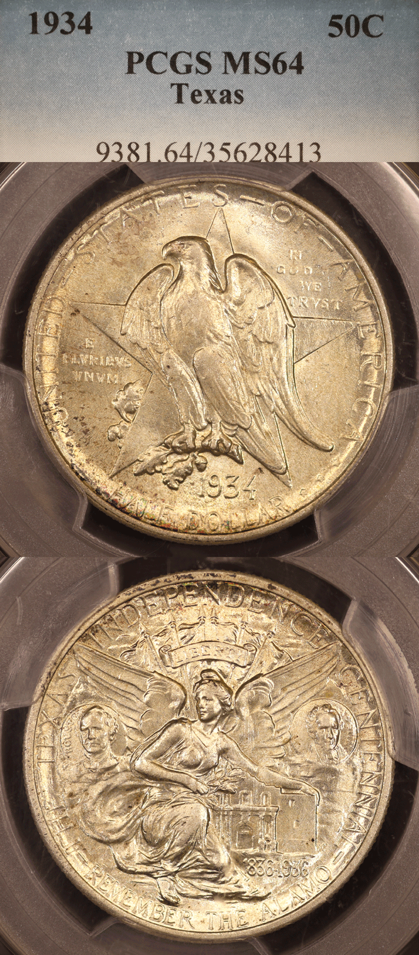 Classic US Commemoratve Siver Half Dollar 1934 Texas Centennial PCGS-MS 64