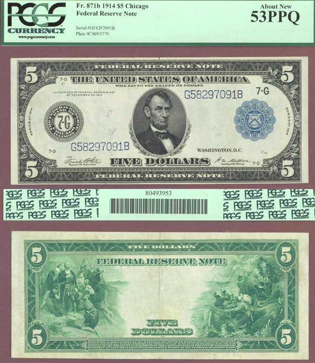 1914 $5 FR-871b 1914 $5 FR-871b Large size US federal Reserve note