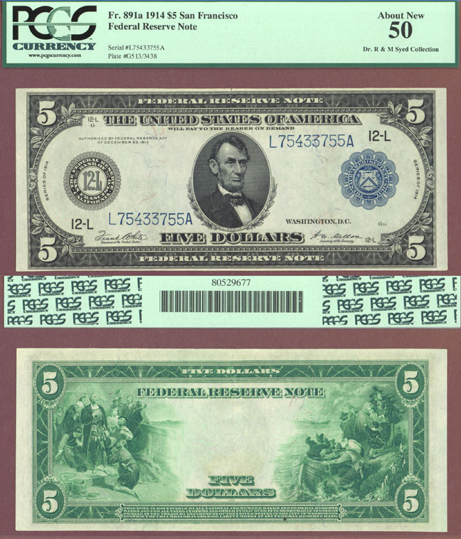 1914 $5 FR-891a San Francisco 1914 $5 FR-891a San Francisco US large size federal reserve note