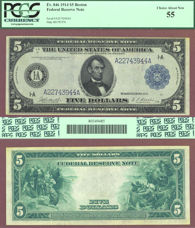 1914 $5.00 FR-846 Boston 1914 $5.00 FR-846 Boston US large size federal reserve note PCGS 55