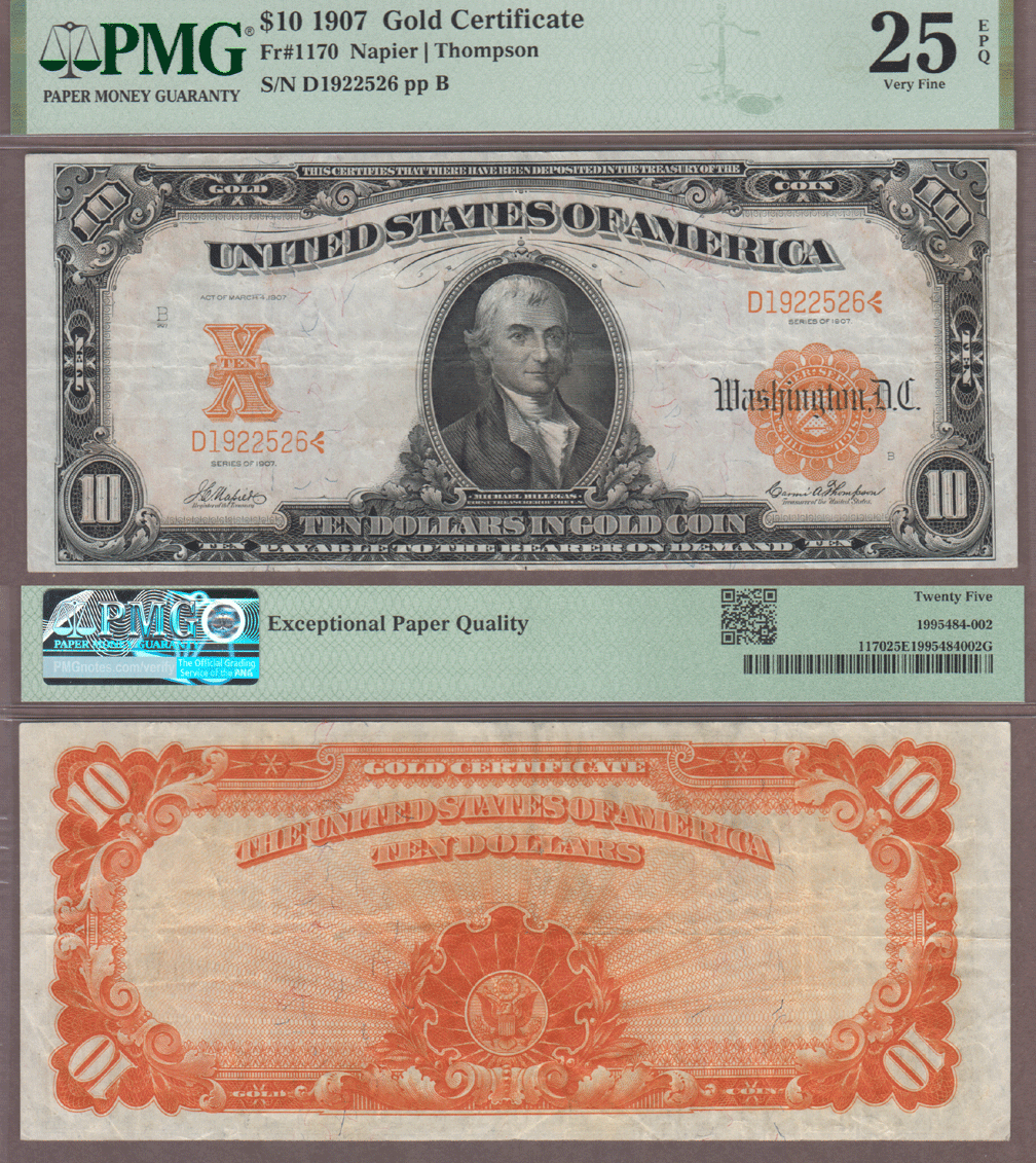 $10 FR-1170A 1907 - $10 FR-1170A US large size gold certificate PMG Very Fine 25