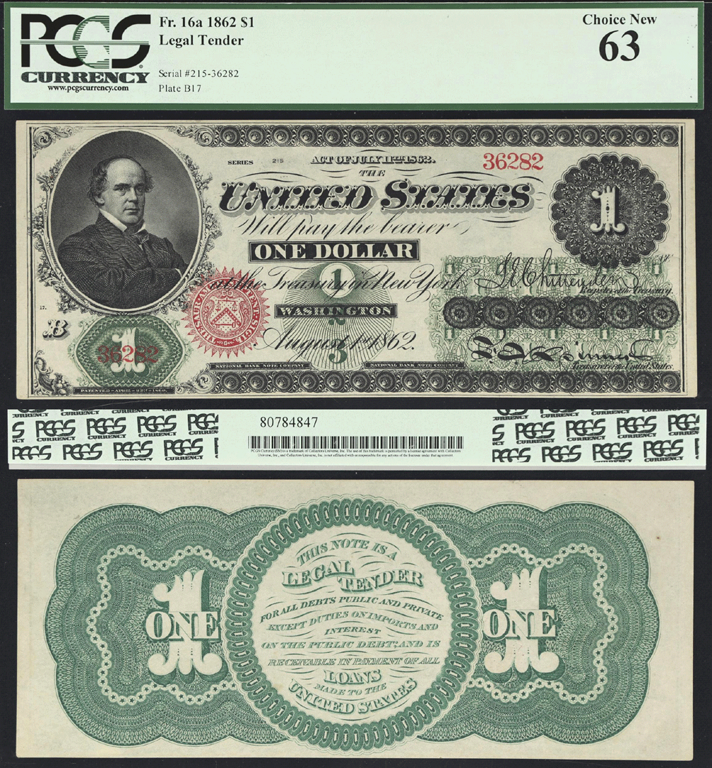 Large Size Legal Tender Note 1862 $1.00 FR-16a PCGS Choice New 63