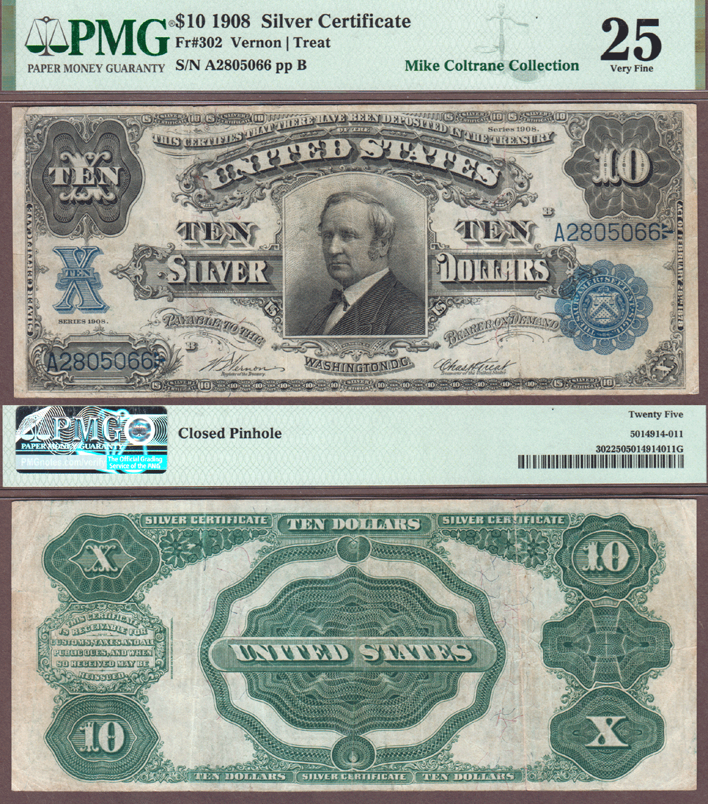 $10.00 FR-302 1908 $10.00 FR-302 "Tombstone" US large size silver certificate