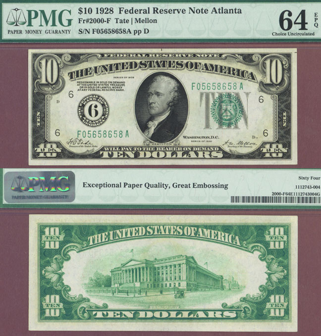 1928 - $10.00 FR-2000-F 1928 - $10.00 FR-2000-F US small size federal reserve note PMG Choice Uncirculated 64 EPQ