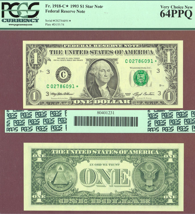 1993 $1 FR-1918-C* 1993 $1 FR-1918-C* US small size federal reserve *STAR* note PCGS Very Choice New 64 PPQ