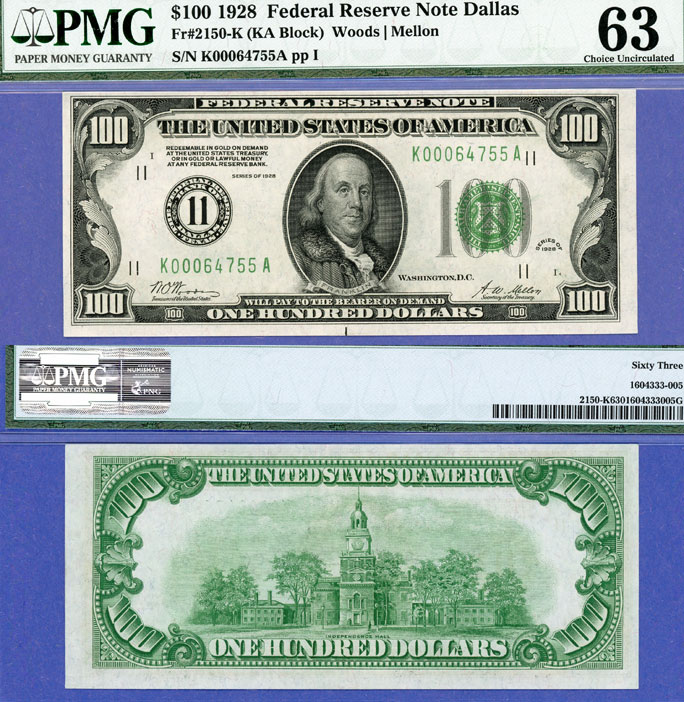 1928 $100 FR-2150-K 1928 $100 FR-2150-K US small size federal reserve numeral note PMG Choice Uncirculated 63