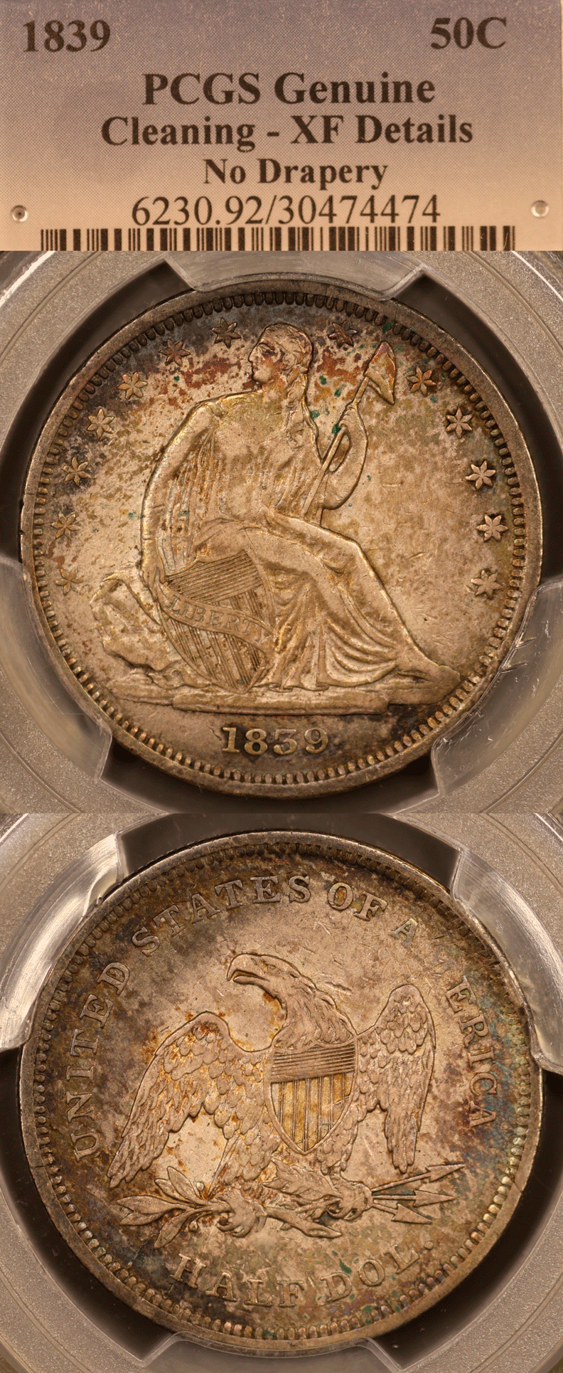 US Seated Liberty Half Dollar 1839 50c No Drapery US Seated Liberty Half Dollar PCGS XF