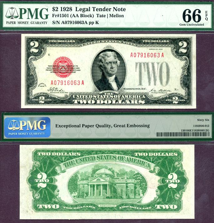 1928 $2 1928 $2 FR-1501 US small size legal tender note PMG Gem Uncirculated 66 EPQ