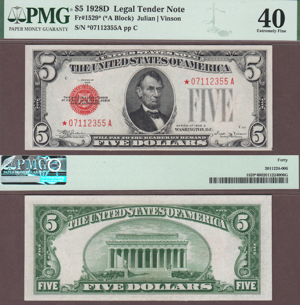 $5 FR-1529* 1928-D $5 FR-1529* "Star" Replacement note PMG-40