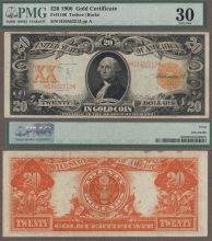 1906 $20 FR-1186 US large size gold certificate PMG Very Fine 30