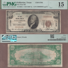1929 $10.00 Type 1 FR-1801-1 Falfurrias Texas Charter 11792 PMG 15