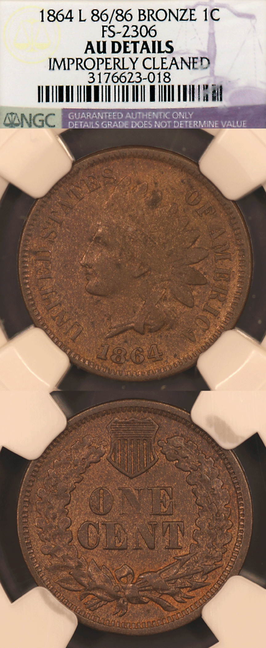 US Indian Cent 1864 With L 86/86 FS-2306 1c NGC AU