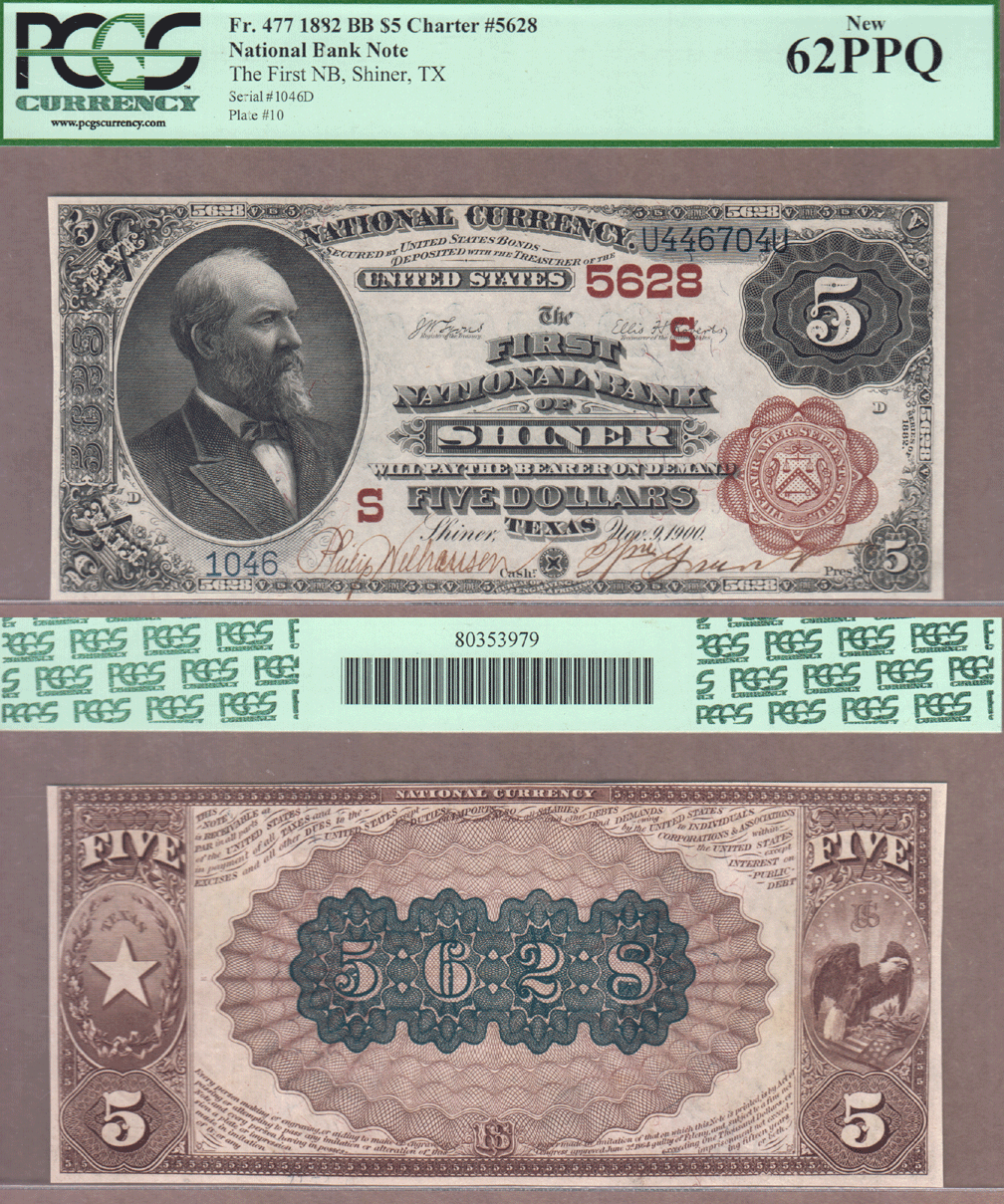 US Large Size National Bank Note 1882 Brown Back $5.00 FR-477 "Shiner Texas" Charter 5628 PCGS New 62PPQ