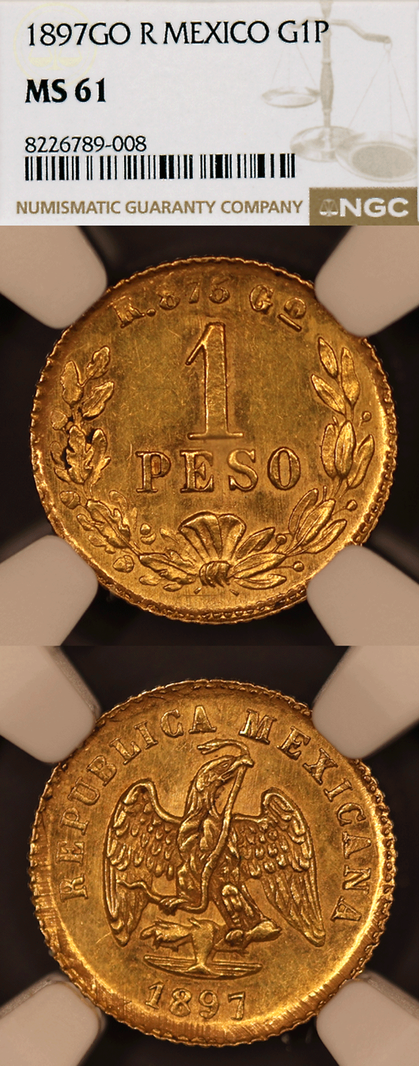 Mexican Coins 1897 GO R 1 Peso Gold NGC MS 61