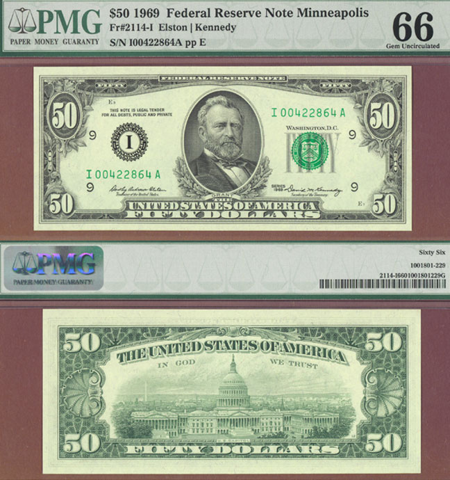 1969 $50 FR-2114-I Federal Reserve Note 1969 $50 FR-2114-I PMG Gem Uncirculated 66 Federal Reserve Note green seal