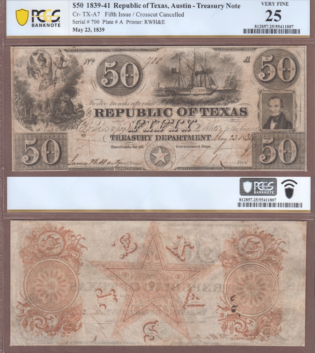 $50.00 A7 Republic of Texas - $50.00 A7 PCGS Very Fine 25