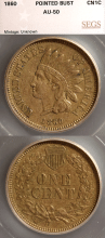 Indian Head Cent 1860 1c Pointed Bust SEGS AU-50