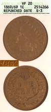 US Indian Cent 1869/69 1c Repunched Date ANACS VF 20