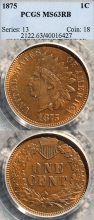 US Indian Cent 1875 1c PCGS MS 63 RB