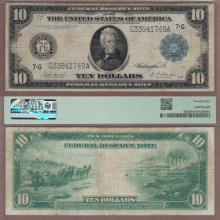 US Large Size Federal Reserve Note 914 $10 FR-930 PMG Very Fine 25