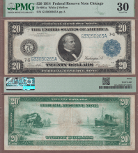 US Large Size Federal Reserve Bank Note 1914 $20.00 FR-991a Chicago PMG VF 30