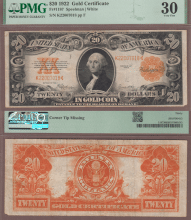 US Large Size Gold Certificate 1922 $20 FR-1187 PMG VF 30