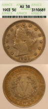 US Liberty V Nickel 1906 5c ANACS AU 58