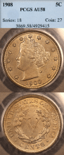 US Liberty V Nickel 1908 5c PCGS AU 58