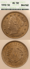 US Liberty V Nickel 1910 5c ANACS AU 58