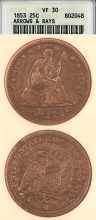 US Seated Liberty Quarter 1853 25c Arrows and Rays ANACS VF 30