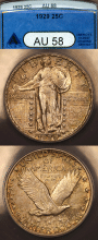 US Standing Liberty Quarter 1929 25c ANACS AU 58