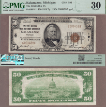 1929 $50.00 Type 1 FR-1803-1 Kalamazoo Michigan Charter 191 PMG VF 30