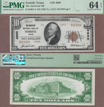 1929 $10.00 Type 2 FR-1801-2 Terrell Texas Charter 4990 PMG CU 64 EPQ