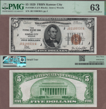 US Small Size Federal Reserve Bank Note 1929 $5.00 FR-1850-J Kansas City PMG CU 63