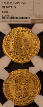 Spainish Coins 1743 S-PJ 1/2 Escudo NGC EF