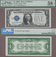 US Small Size Silver Certificate 1928-B $1 FR-1602 PMG AU 58