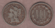 US Three Cent Nickel 1874 3c Fine