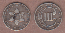 US Three Cent Silver 1853 3 Cent Type 1 Fine+