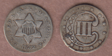 US Three Cent Silver 1852 3 Cent Type 1 VG+