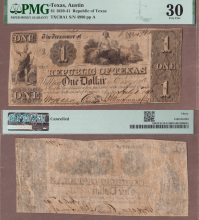 Republic of Texas - $1.00 A1 Republic of Texas paper money PMG VF 30