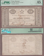 Republic of Texas currency 1838 Republic of Texas - $100 CR-H11 "STAR NOTE" PMG EF 45