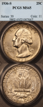 US Washington Quarter 1936-S 25c PCGS MS-65